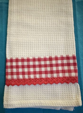 Ivory Honeycomb with red gingham band Tea Towel A8184